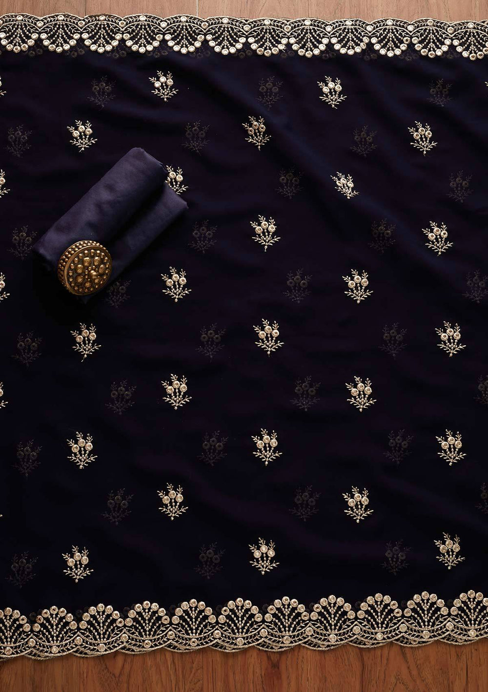Navy Blue Swarovski Georgette Designer Unstitched Salwar Suit - Koskii