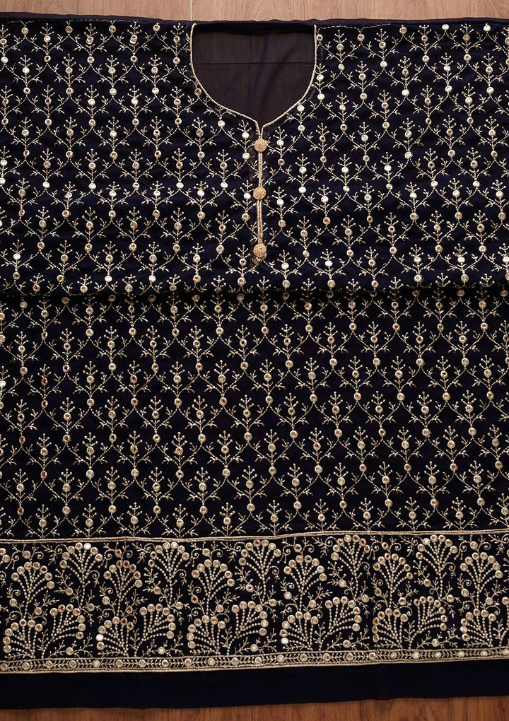 Navy Blue Swarovski Georgette Designer Unstitched Salwar Suit - Koskii