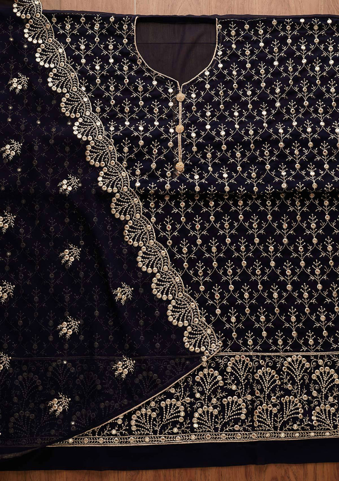 Navy Blue Swarovski Georgette Designer Unstitched Salwar Suit - Koskii