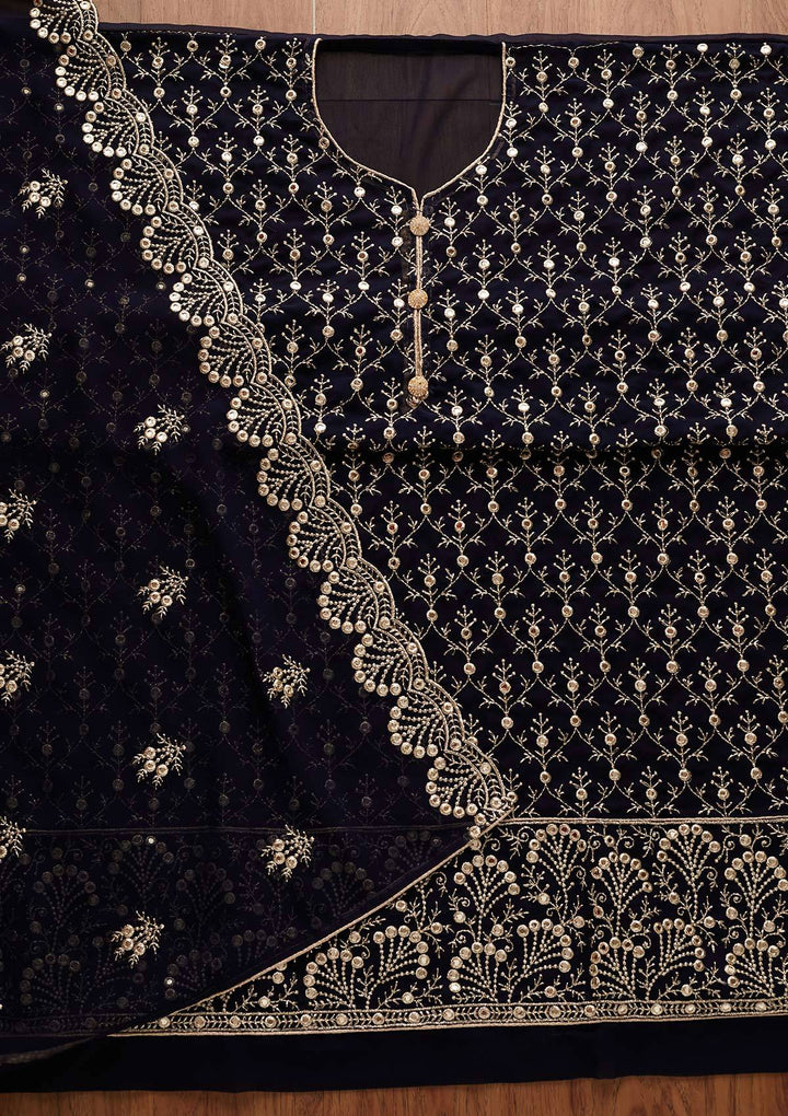Navy Blue Swarovski Georgette Designer Unstitched Salwar Suit - Koskii