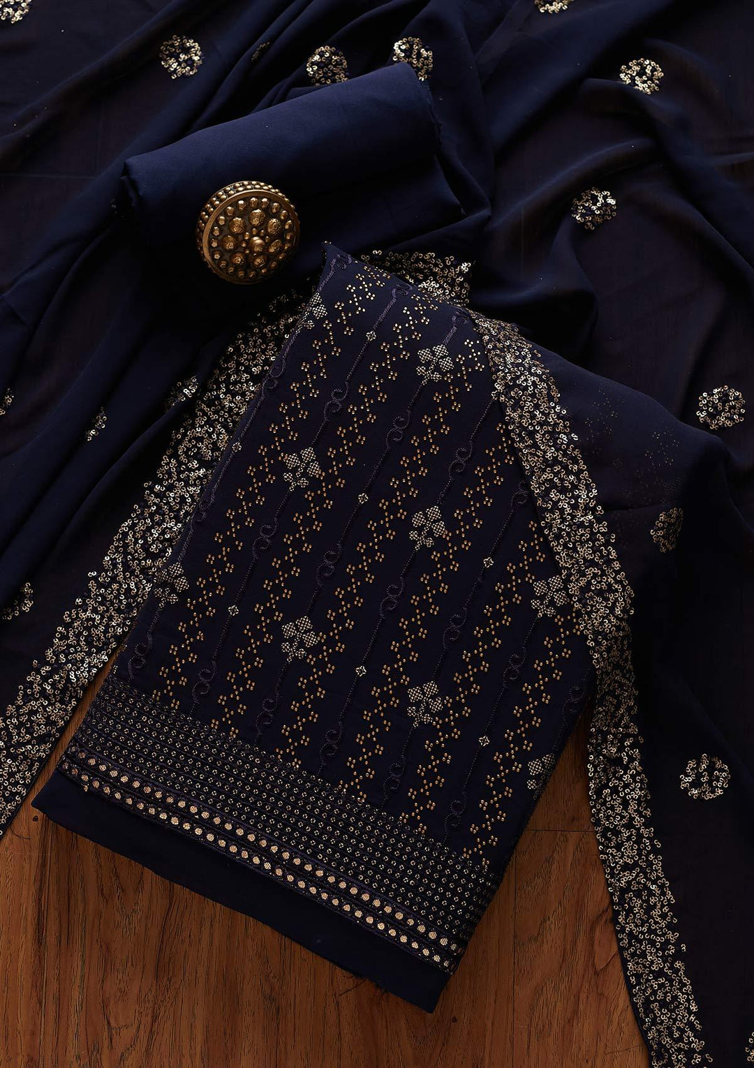 Navy Blue Swarovski Georgette Designer Unstitched Salwar Suit - koskii