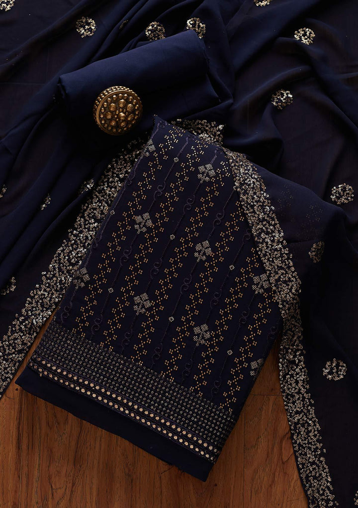 Navy Blue Swarovski Georgette Designer Unstitched Salwar Suit - koskii