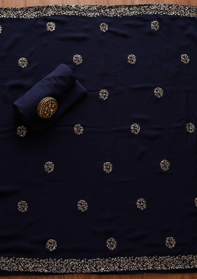 Navy Blue Swarovski Georgette Designer Unstitched Salwar Suit - koskii