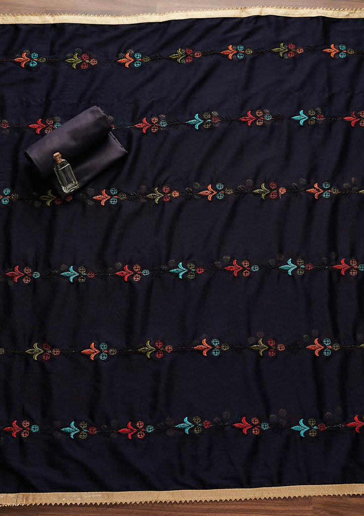 Navy Blue Swarovski Georgette Designer Unstitched Salwar Suit - Koskii