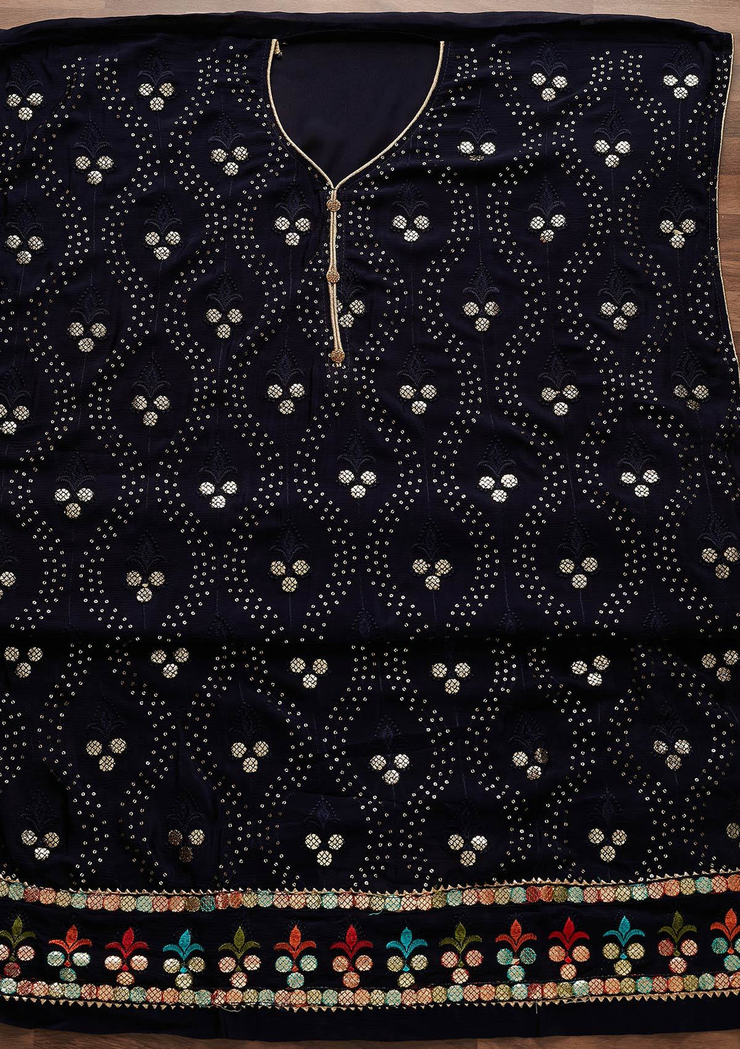 Navy Blue Swarovski Georgette Designer Unstitched Salwar Suit - Koskii