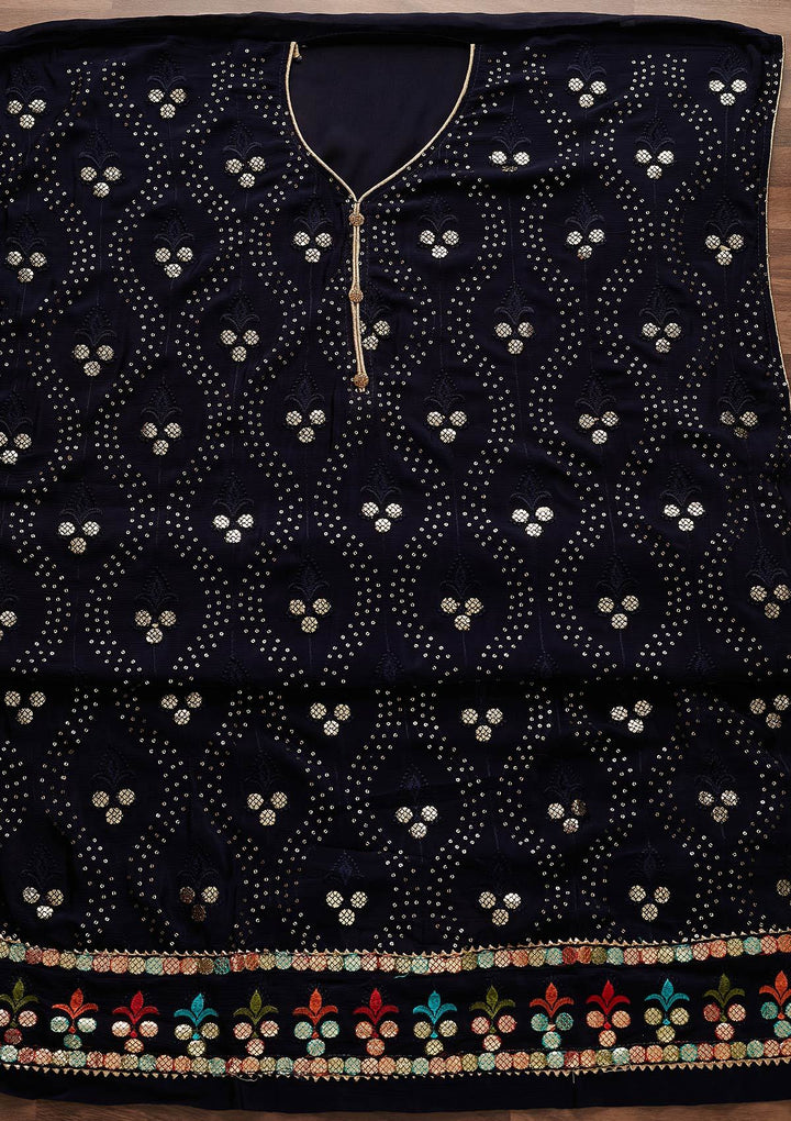Navy Blue Swarovski Georgette Designer Unstitched Salwar Suit - Koskii