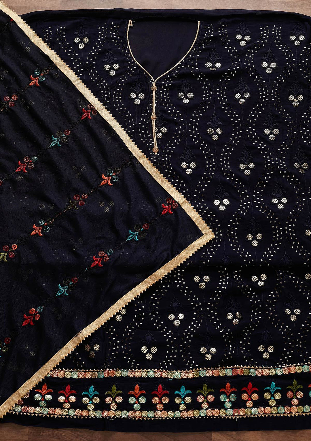 Navy Blue Swarovski Georgette Designer Unstitched Salwar Suit - Koskii