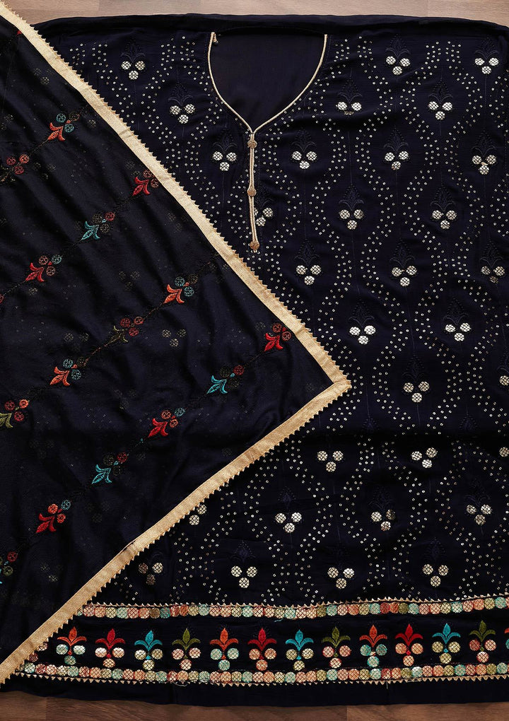 Navy Blue Swarovski Georgette Designer Unstitched Salwar Suit - Koskii