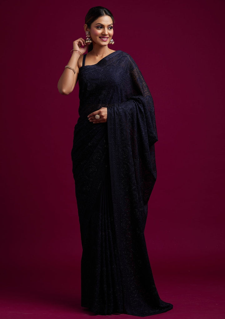 Navy Blue Swarovski Georgette Designer Saree - koskii