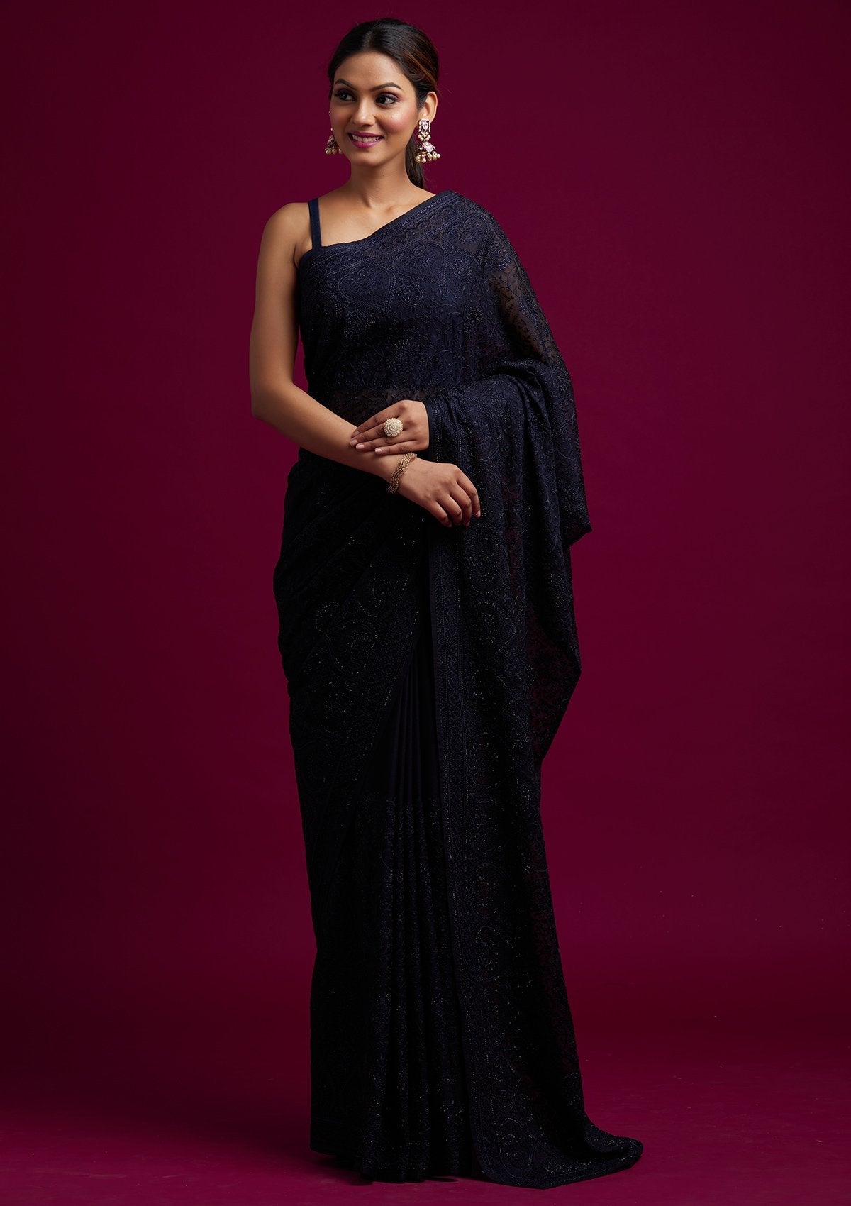 Navy Blue Swarovski Georgette Designer Saree - koskii