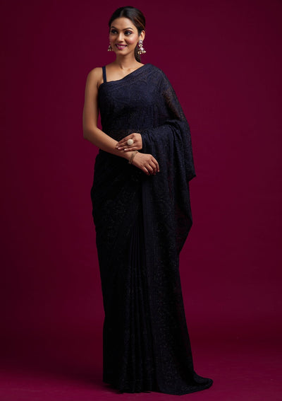 Navy Blue Swarovski Georgette Designer Saree - koskii