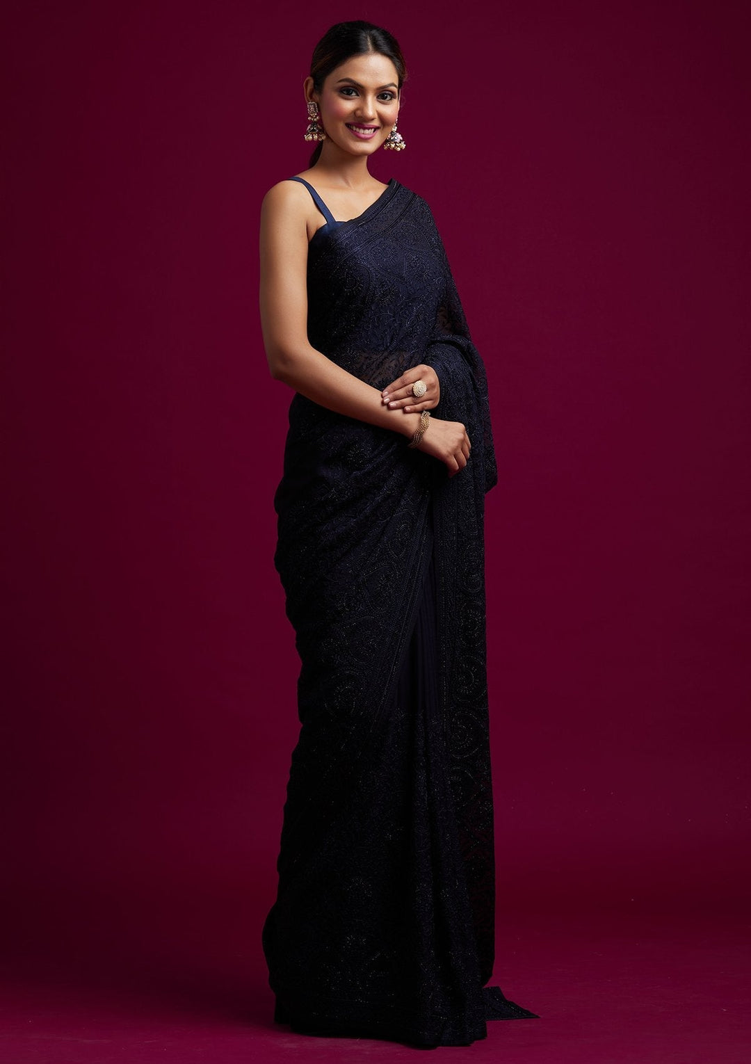 Navy Blue Swarovski Georgette Designer Saree - koskii
