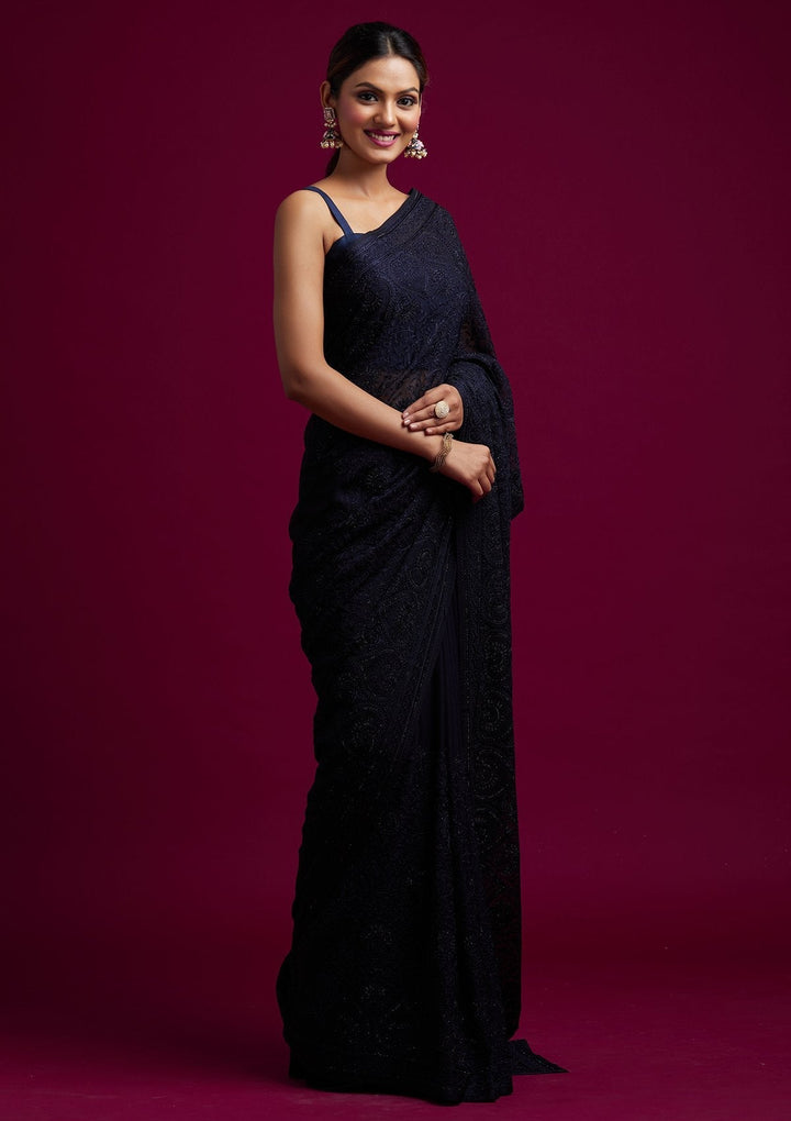 Navy Blue Swarovski Georgette Designer Saree - koskii