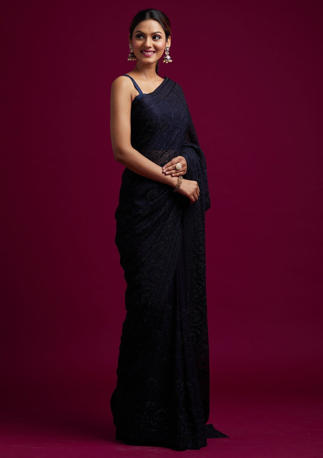 Navy Blue Swarovski Georgette Designer Saree - koskii