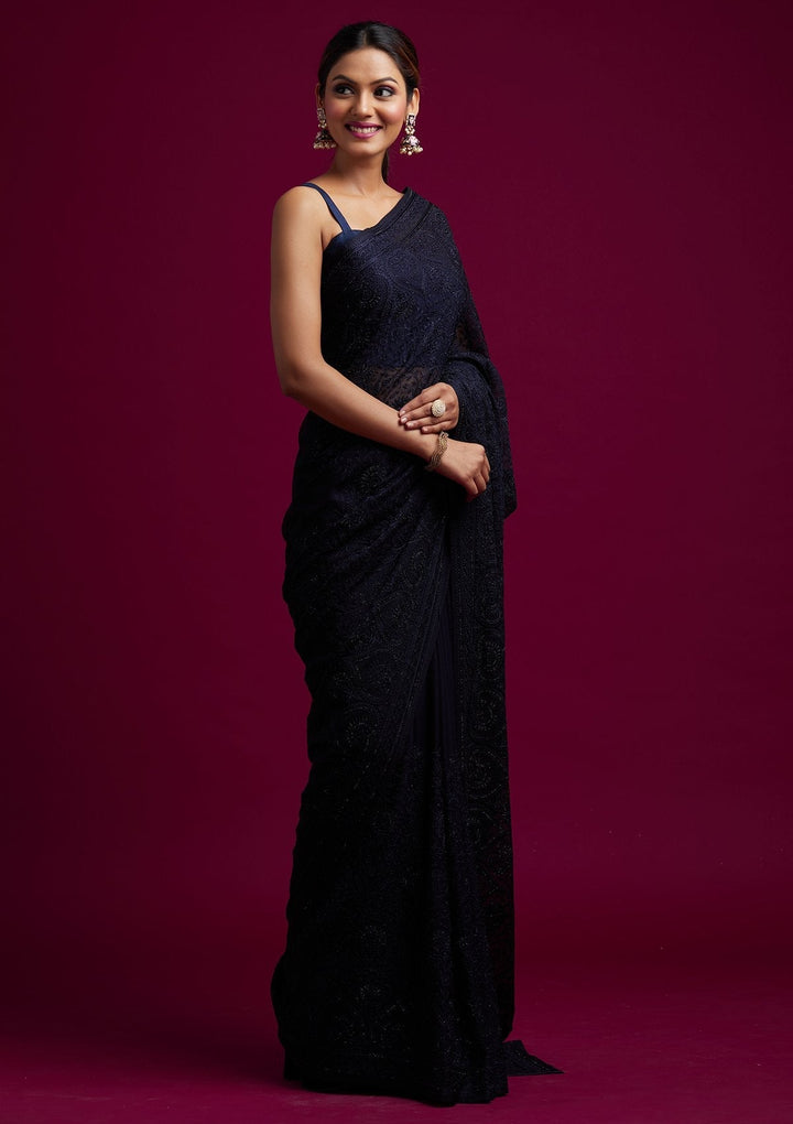 Navy Blue Swarovski Georgette Designer Saree - koskii