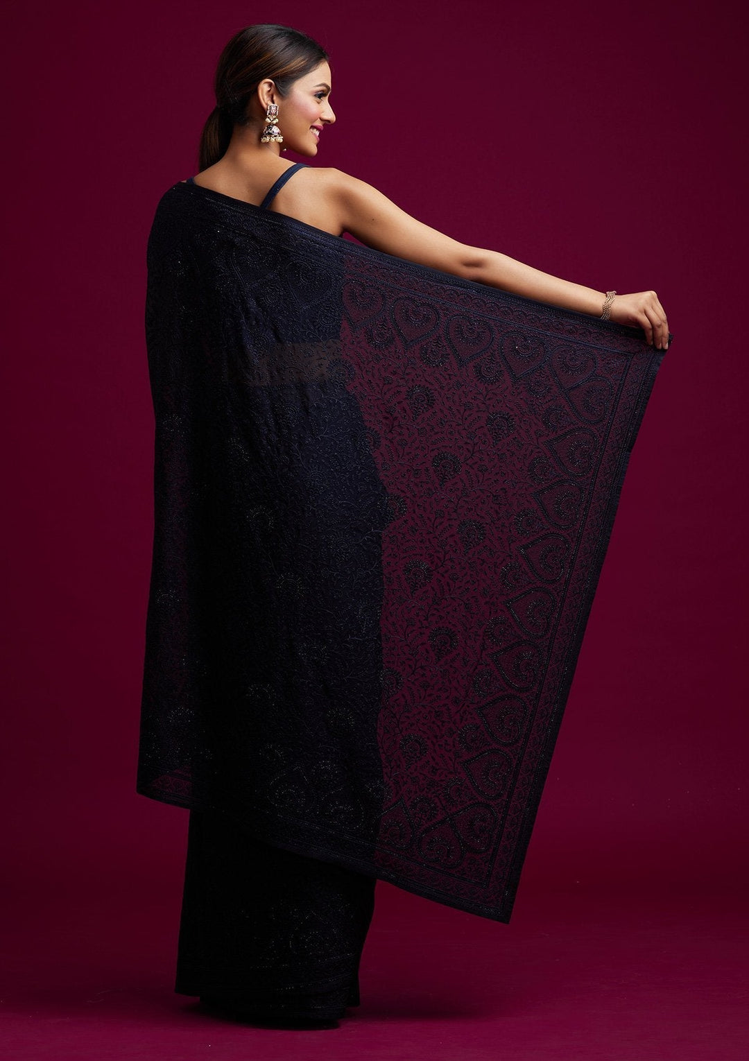 Navy Blue Swarovski Georgette Designer Saree - koskii