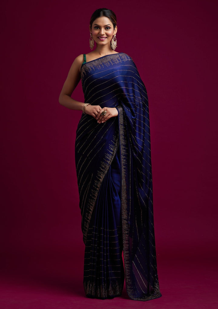 Navy Blue Swarovski Satin Designer Saree - koskii