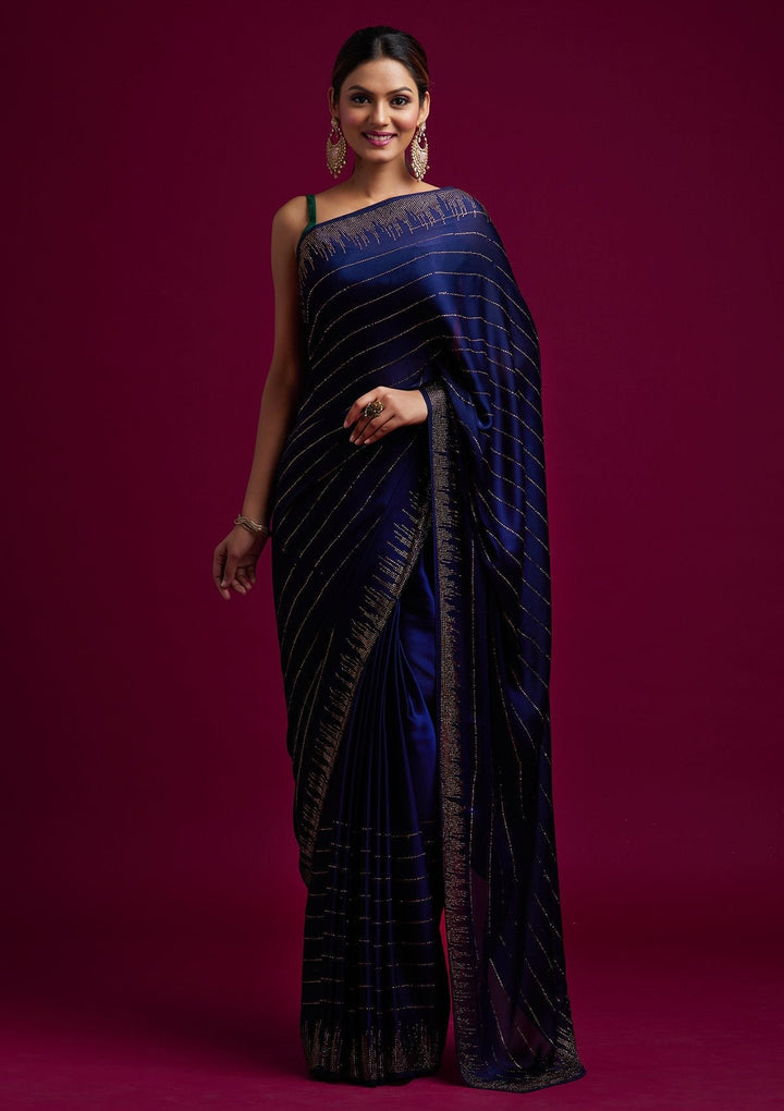 Navy Blue Swarovski Satin Designer Saree - koskii