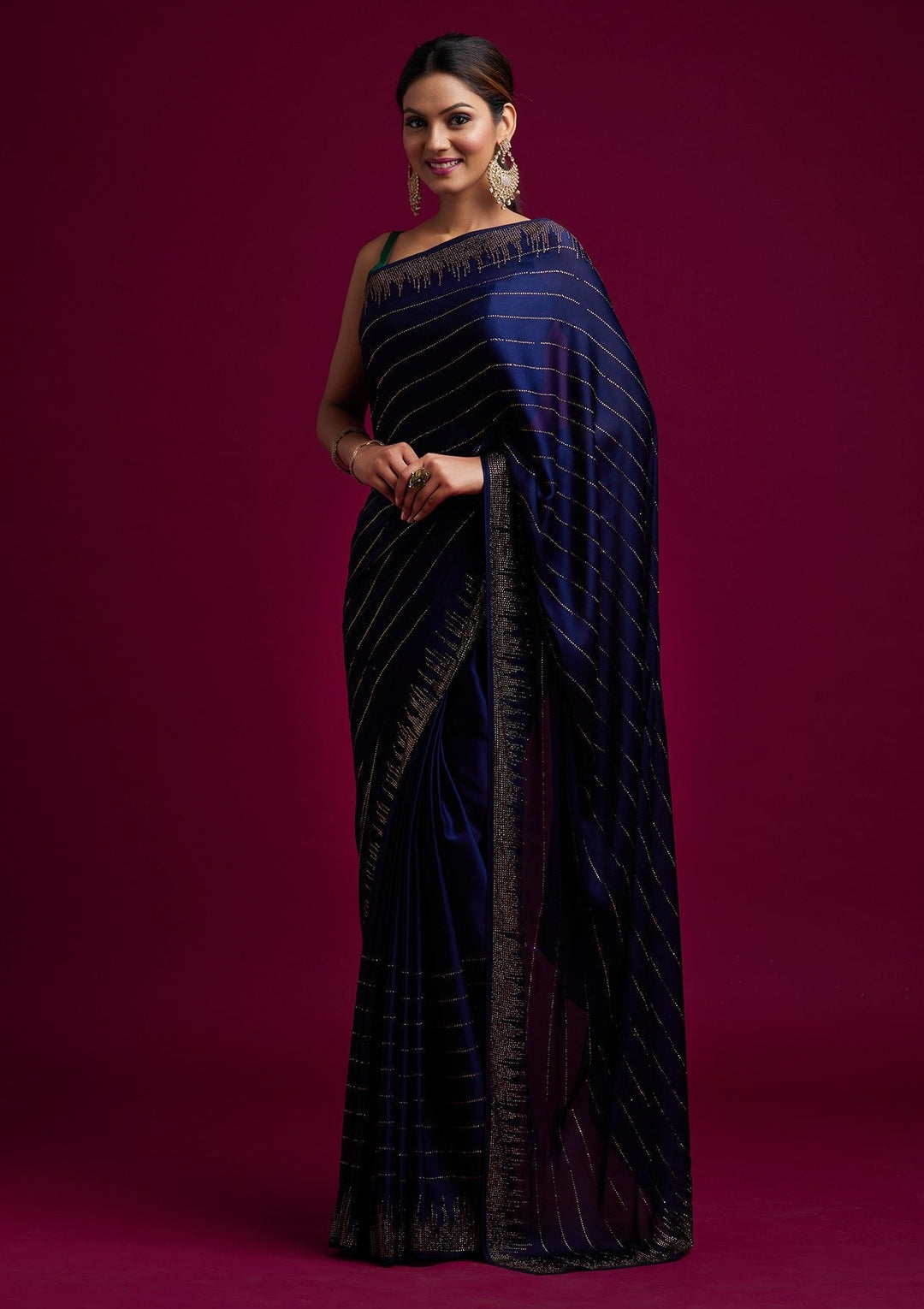 Navy Blue Swarovski Satin Designer Saree - koskii