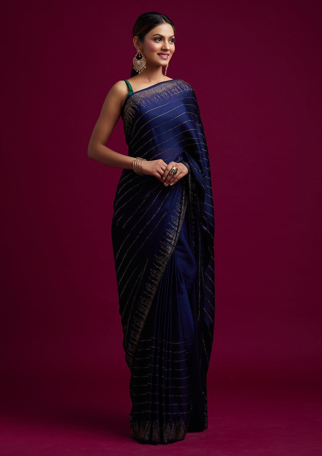 Navy Blue Swarovski Satin Designer Saree - koskii