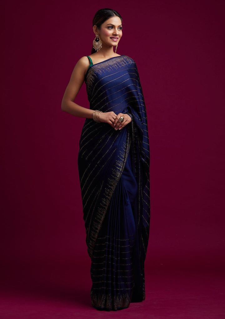 Navy Blue Swarovski Satin Designer Saree - koskii
