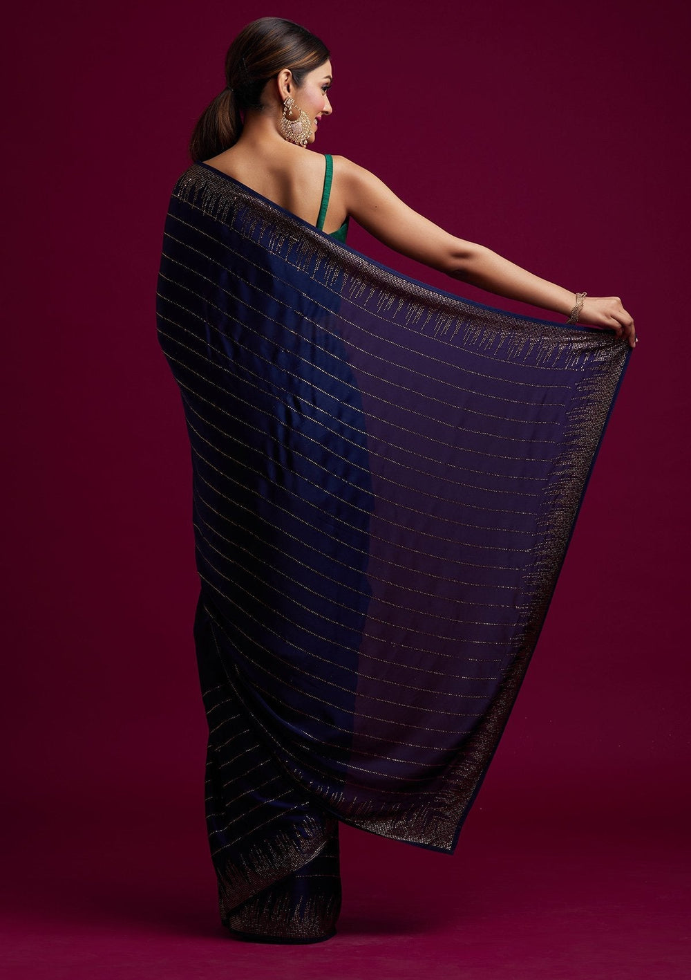 Navy Blue Swarovski Satin Designer Saree - koskii