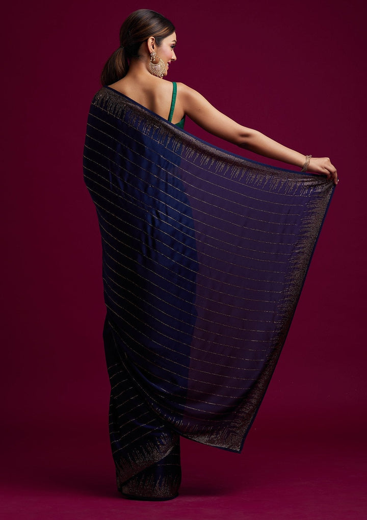 Navy Blue Swarovski Satin Designer Saree - koskii