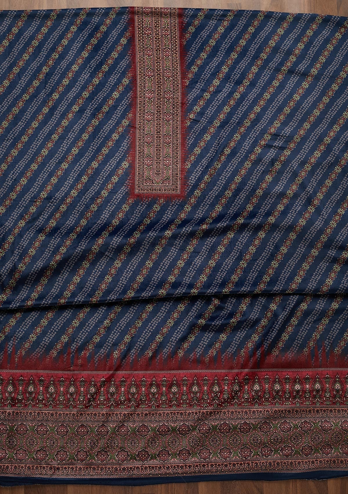 Navy Blue Swarovski Velvet Unstitched Salwar Suit - Koskii