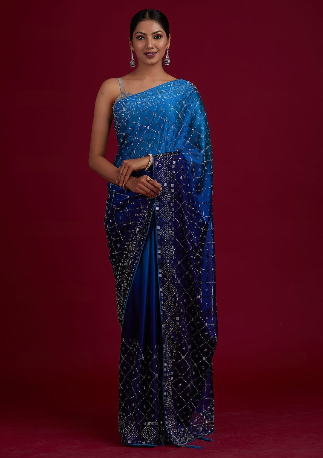 Navy Blue Swarovski Semi Crepe Designer Saree - Koskii
