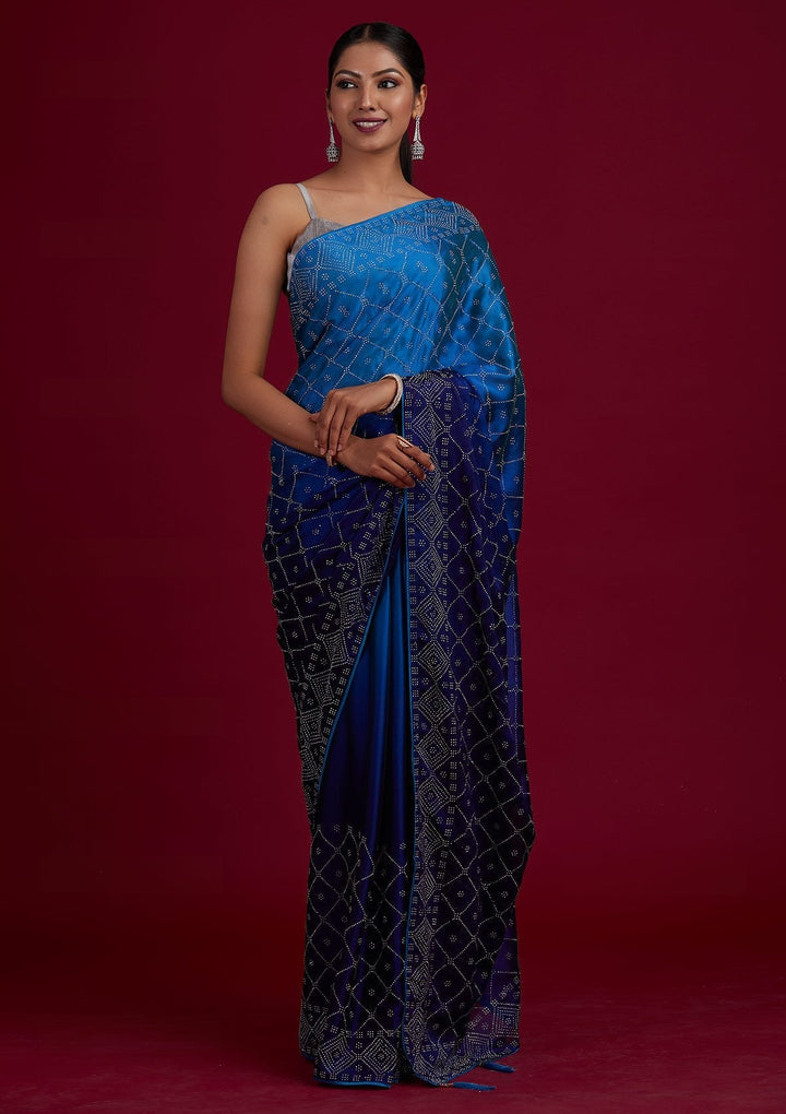 Navy Blue Swarovski Semi Crepe Designer Saree - Koskii