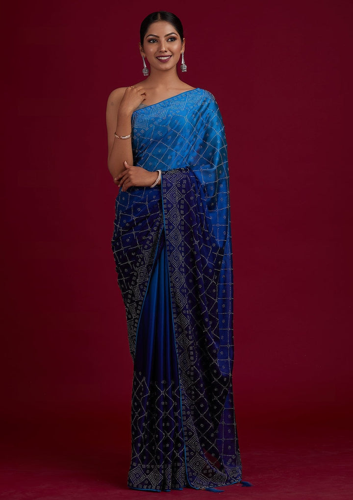 Navy Blue Swarovski Semi Crepe Designer Saree - Koskii