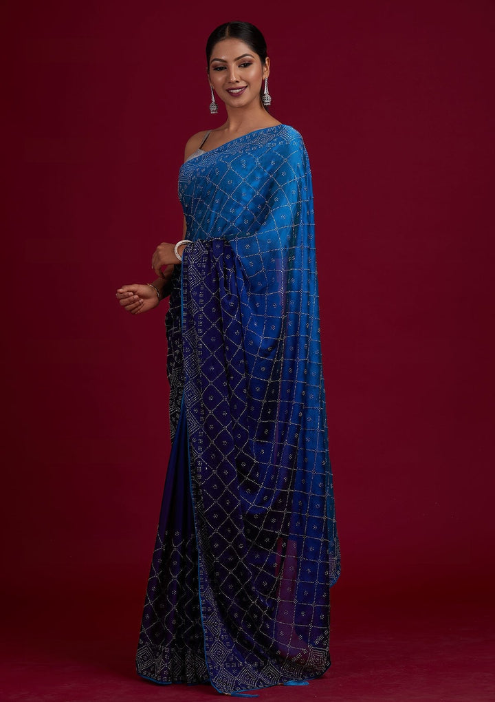 Navy Blue Swarovski Semi Crepe Designer Saree - Koskii