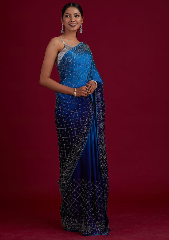 Navy Blue Swarovski Semi Crepe Designer Saree - Koskii