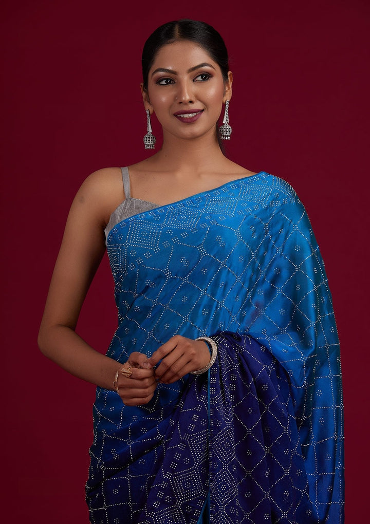 Navy Blue Swarovski Semi Crepe Designer Saree - Koskii
