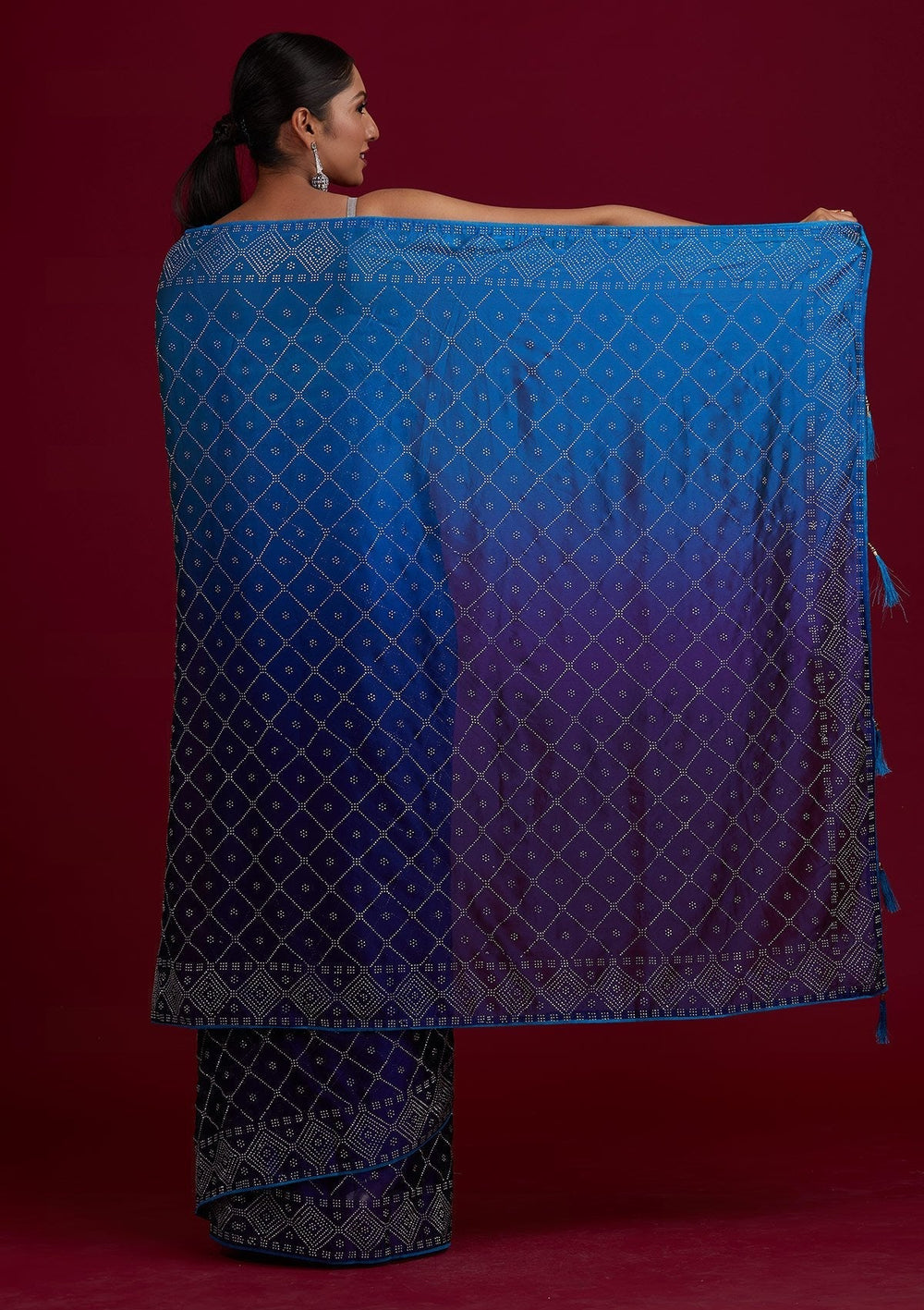 Navy Blue Swarovski Semi Crepe Designer Saree - Koskii