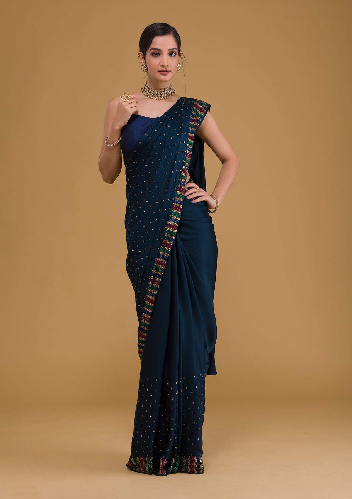 Navy Blue Swarovski Semi Crepe Designer Saree-Koskii