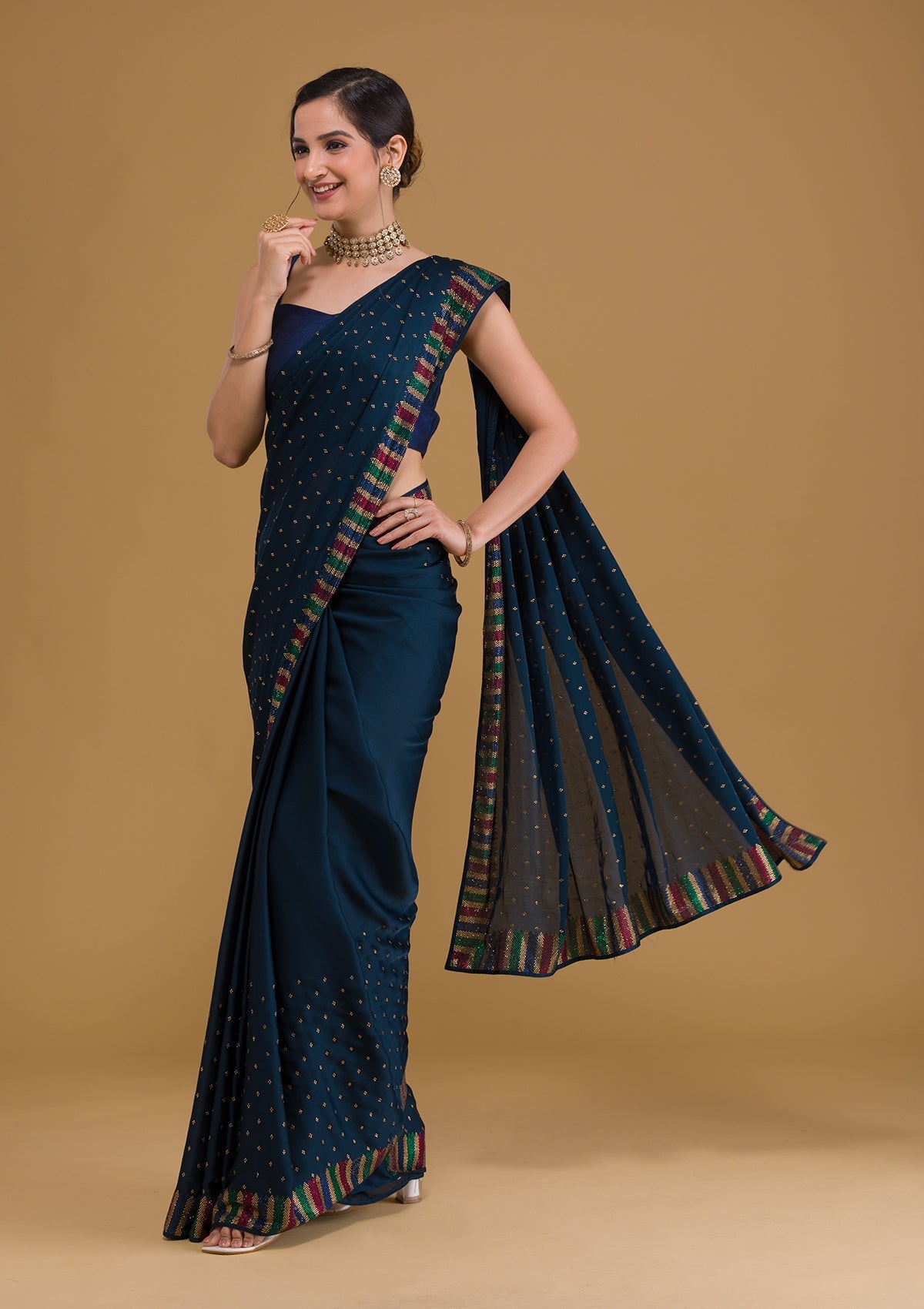 Navy Blue Swarovski Semi Crepe Designer Saree-Koskii