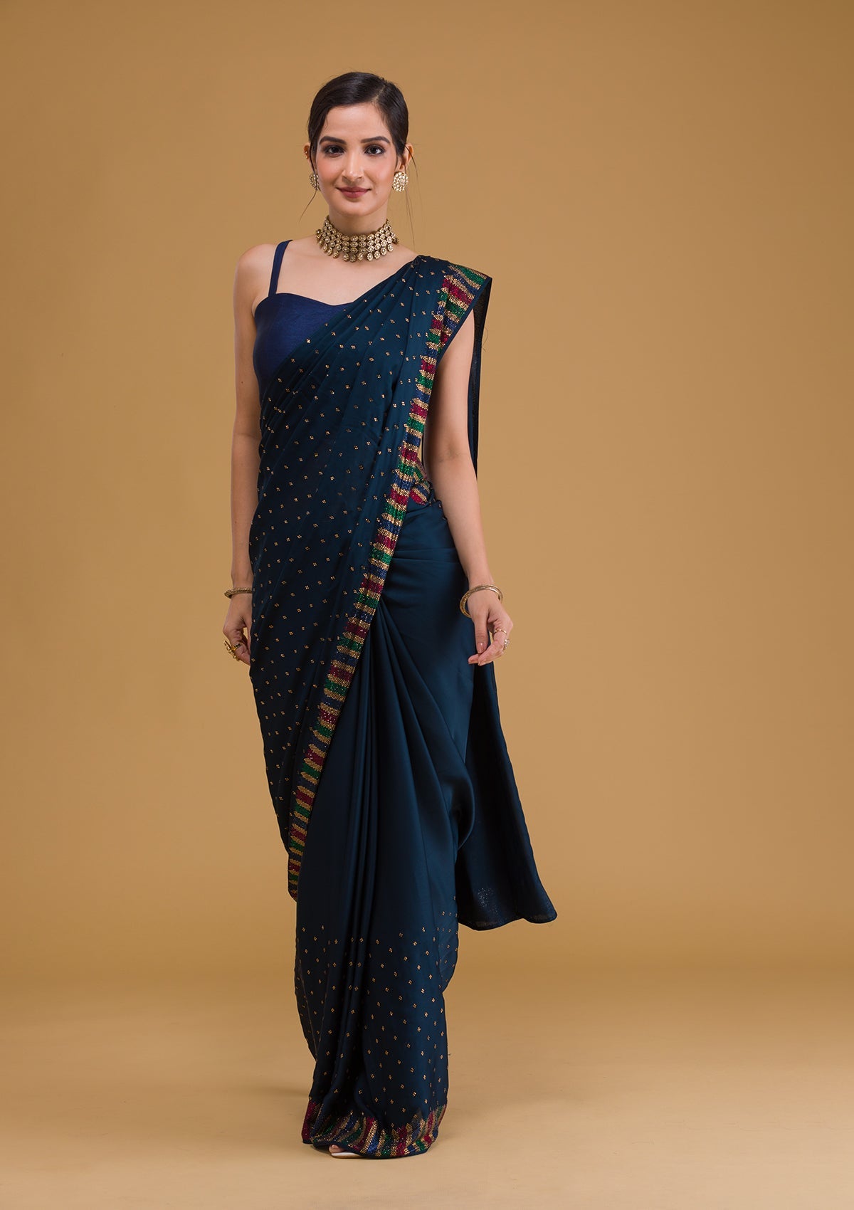 Navy Blue Swarovski Semi Crepe Designer Saree-Koskii