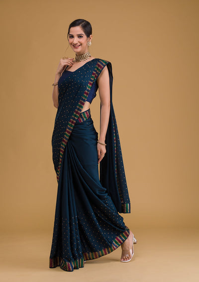 Navy Blue Swarovski Semi Crepe Designer Saree-Koskii