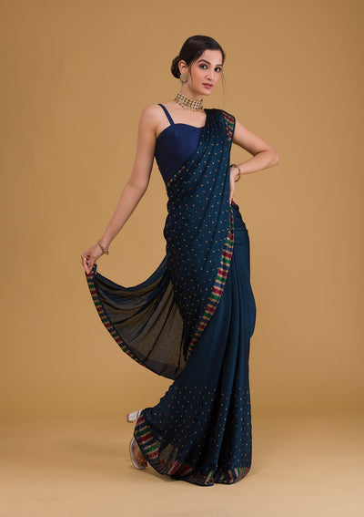 Navy Blue Swarovski Semi Crepe Designer Saree-Koskii