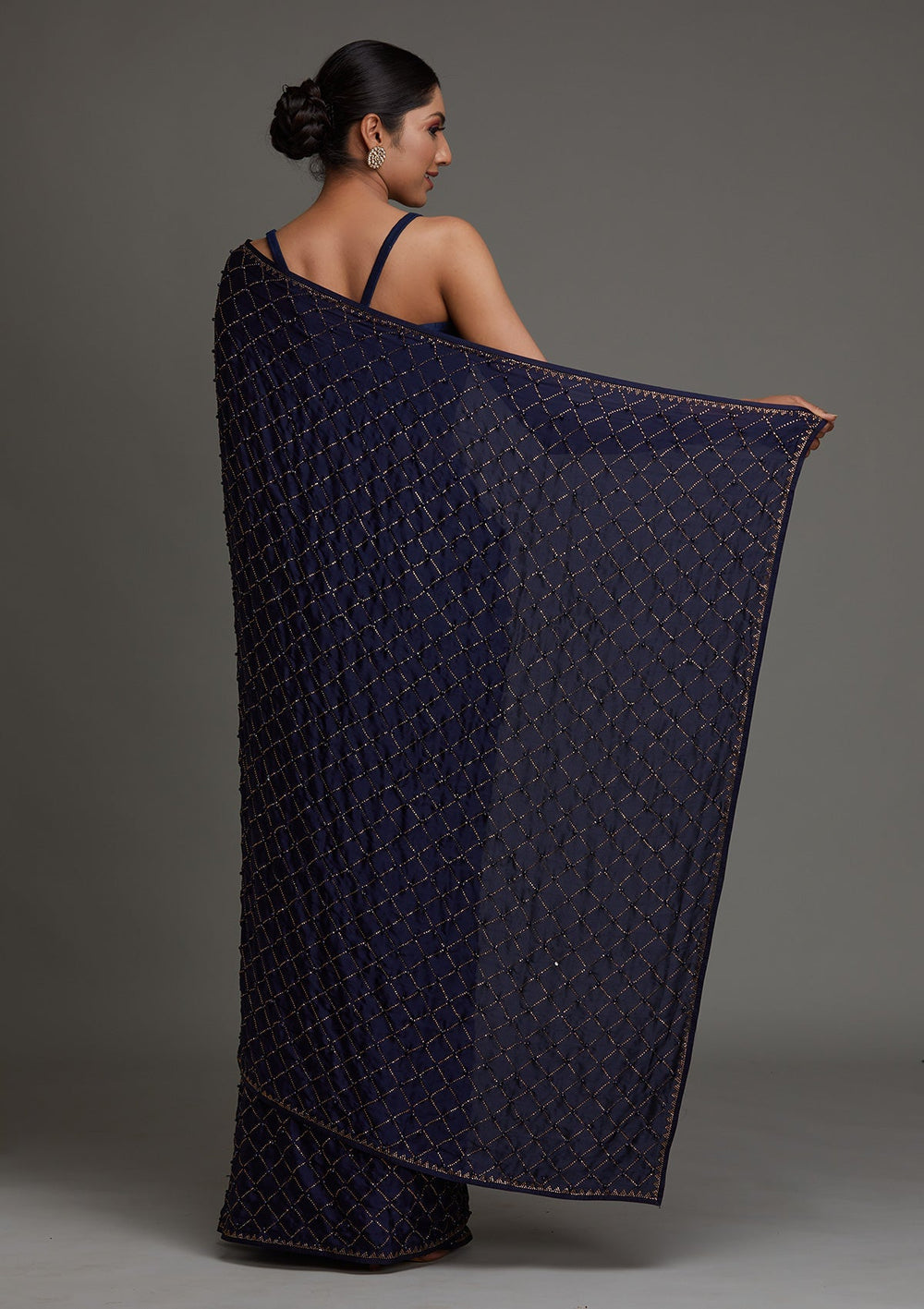 Navy Blue Swarovski Shimmer Saree - Koskii