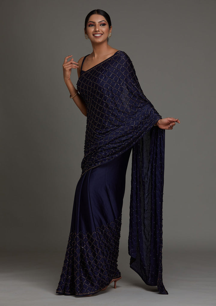 Navy Blue Swarovski Shimmer Saree - Koskii
