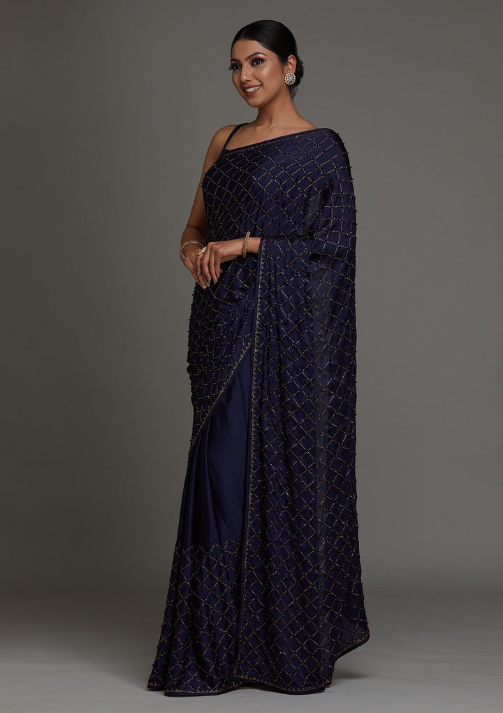Navy Blue Swarovski Shimmer Saree - Koskii