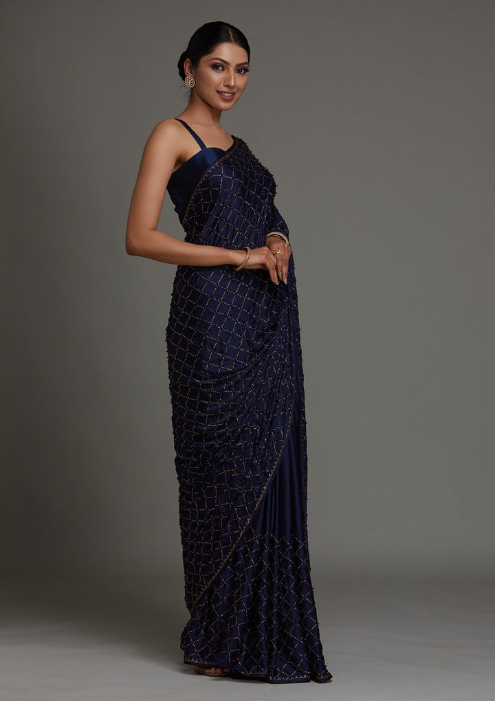 Navy Blue Swarovski Shimmer Saree - Koskii