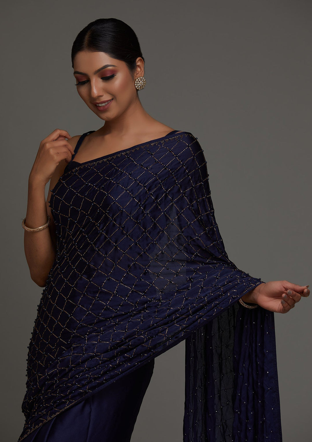 Navy Blue Swarovski Shimmer Saree - Koskii