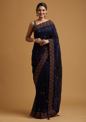 Buy Gold Kora Silk Saree With Floral Motif Multicolor Thread Work And  Unstitched Blouse Piece