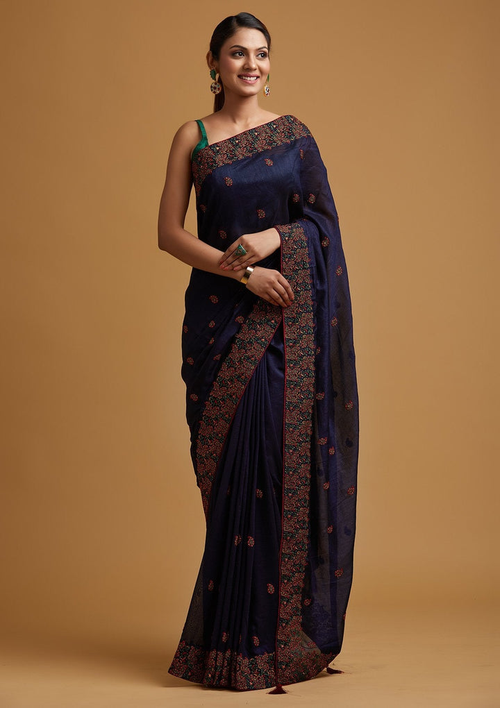 Navy Blue Threadwork Art Silk Designer Saree - koskii