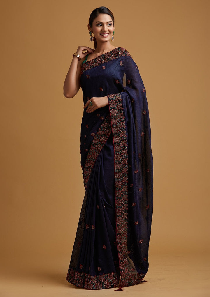 Navy Blue Threadwork Art Silk Designer Saree - koskii
