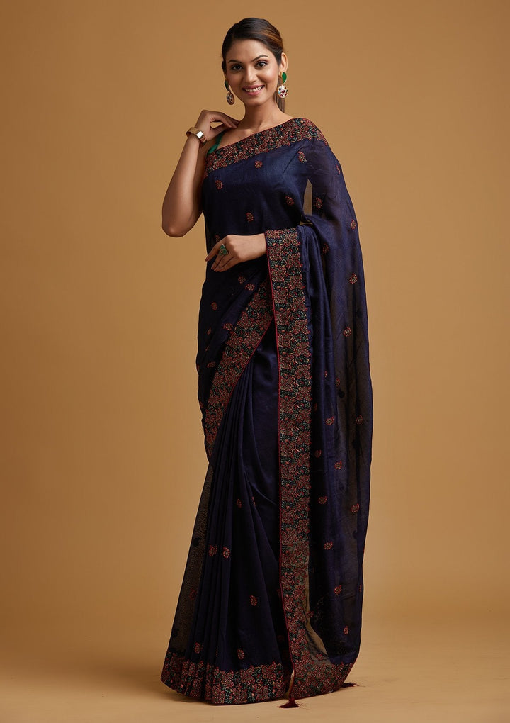 Navy Blue Threadwork Art Silk Designer Saree - koskii