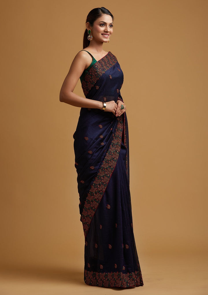 Navy Blue Threadwork Art Silk Designer Saree - koskii